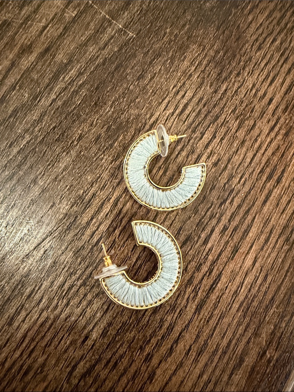 Gold-Trim White Thread Wrapped Hoop Earrings